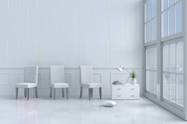 Oturma odası ağaç cam vazo, yastıklar, beyaz pencere, gökyüzü, süslenmiş beyaz lamba, beyaz duvar bu model, sandalye, güneş pencereden gölgeler beyaz zemin parlar. 3D render.