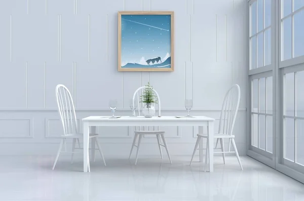 White eating room decorated with tree in vase glass,white chair and desk,window,flower,fork,spoon,wine glass,picture, sky.  White wall. The sun shines through the window into the shadow. 3d render.