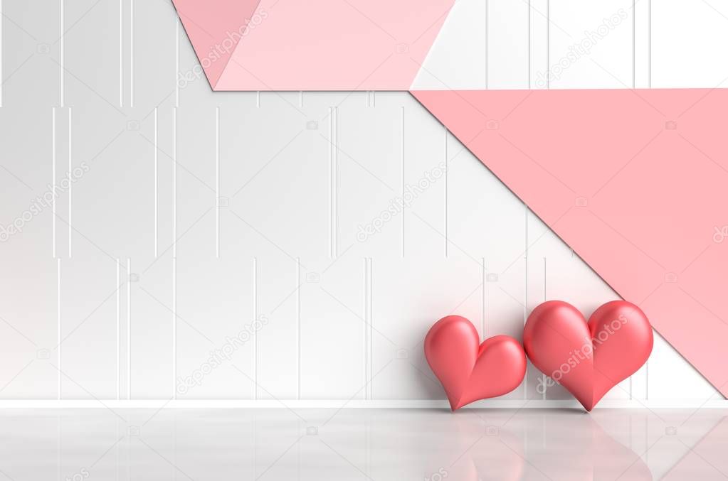 White-red pink room of love. Decorated with red heart, white, pink and red cement wall it is grid pattern. Rooms of Love on Valentine`s Day. Interior design and background. 3d render