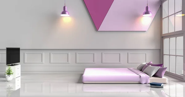 White-purple bedroom decorated with purple bed,tree in glass vase, violet pillows, Wood bedside table, Window, purple lamp, TV, book, White cement wall it is pattern, white cement floor. 3d rendering.