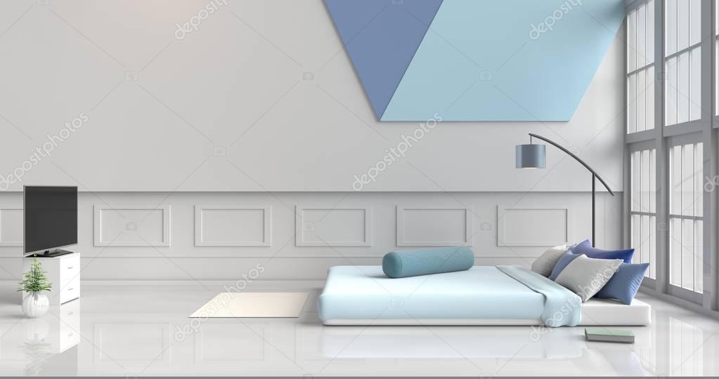 Weiß Blaue Schlafzimmer Dekoriert Mit Licht Blau Bett Baum Glasvase