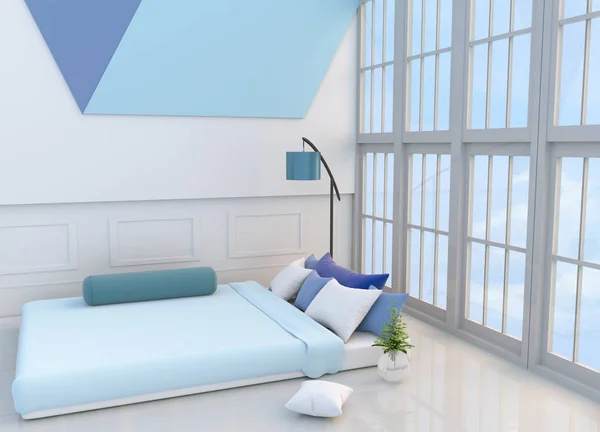 Λευκό Μπλε Υπνοδωμάτιο Διακοσμημένο Ελαφρύ Μπλε Κρεβάτι Δέντρο Γυάλινο Βάζο — Φωτογραφία Αρχείου