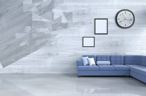 Grey White Living Room Decor Blue Sofa Wall Clock White — стоковое фото