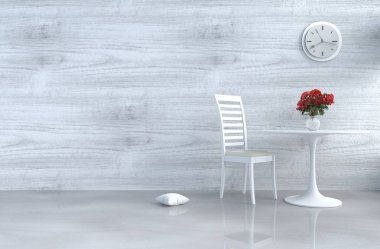 Gri-beyaz oturma odası Dekor beyaz sandalye, duvar saati, Beyaz ahşap duvar, pencere, yastık, tablo, Gri Beyaz çimento zemin, kırmızı gül, vazo ile. Güneş pencereden gölgeler parlar. 3D render.