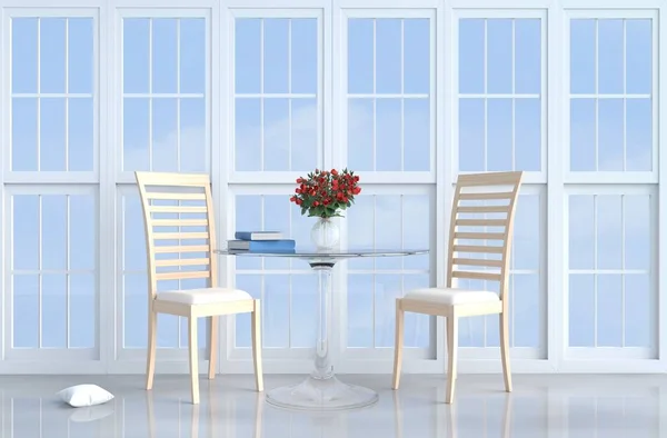 Biały Pokój Dzienny Wystrój Drewniane Krzesło Biały Poduszka Stół Piętrze — Zdjęcie stockowe