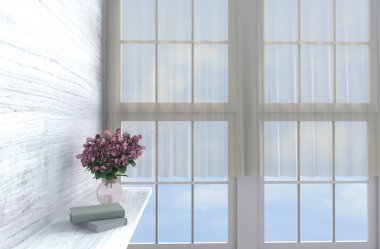 Gri-beyaz oturma odası dekor duvar saati, Beyaz ahşap duvar, pencere, Masa, kırmızı-pembe Gül, vazo, ile asmak, perde, rezervasyon yaptırın. Güneş pencereden gölgeler parlar. 3D render.