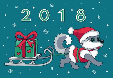 Kızak köpek yarış tebrik kartı. Kış arka plan. Yeni yıl 2018.Vector illüstrasyon köpek sembolü.