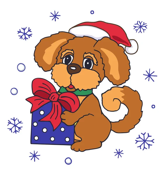 贈り物をサンタ クロースの帽子かわいい子犬 2018年の犬のシンボルです 冬の背景 ベクトル図 — ストックベクタ