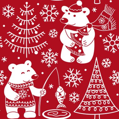 Kutup ayıları ve karlı ormanın pürüzsüz desenleri. Kırmızı ve beyaz Noel arkaplanı. Tek renkli vektör illüstrasyonu