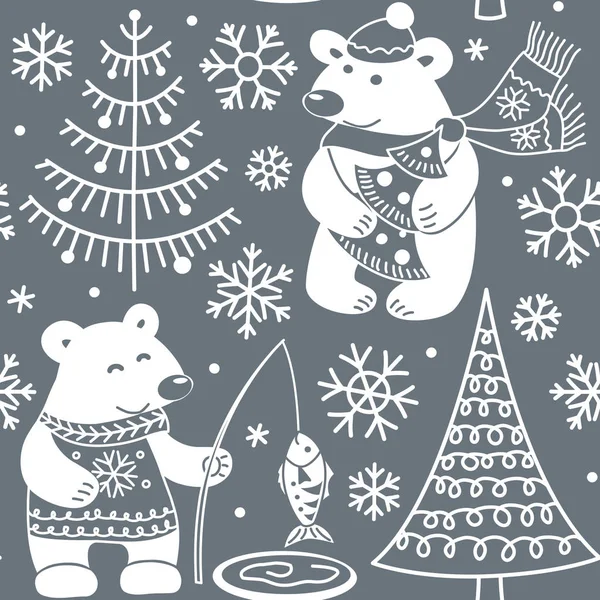 ホッキョクグマと雪の森のシームレスなパターン グレーと白のクリスマスの背景 モノクロームベクトルイラスト — ストックベクタ