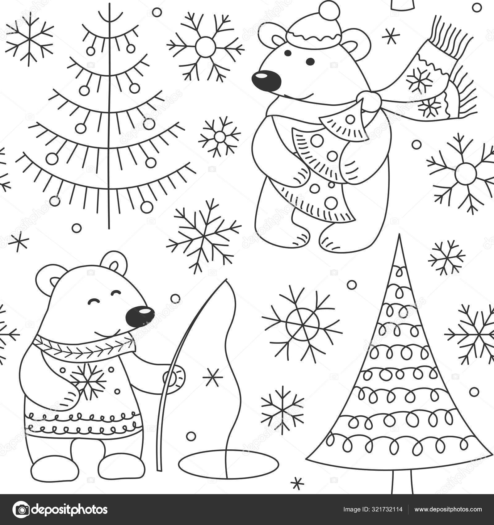 Download White Bear Pattern Coloring Book Christmas Tree Fisher Bear Black Vector Image By C Olgart Vector Stock 321732114