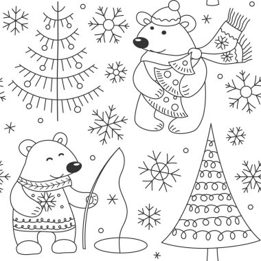 Boyama kitabı için beyaz ayı deseni. Noel ağacı ve balıkçı ayı. Siyah beyaz arka plan. Vektör illüstrasyonu.