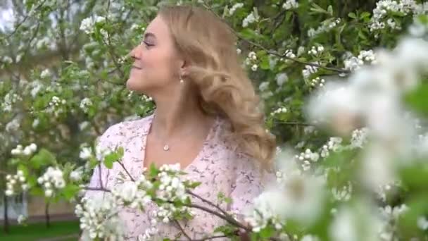 在美丽的盛开的樱花花园里 年轻迷人的女人有着长长的金发 在盛开的树上快乐美丽的女孩 美丽的金发姑娘在开着花的树枝上摆弄着白花 — 图库视频影像