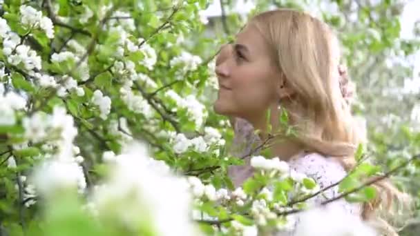 美丽的年轻女子在春天的苹果园里享受大自然 快乐美丽的少女在花园里与盛开的树木相伴 美丽的金发女郎的画像 在开着花的树枝上 开着白花4K — 图库视频影像