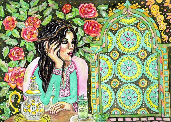 Illustration Woman Sitting Rose Garden Morocco Drinking Mint Tea — Stock Photo, Image