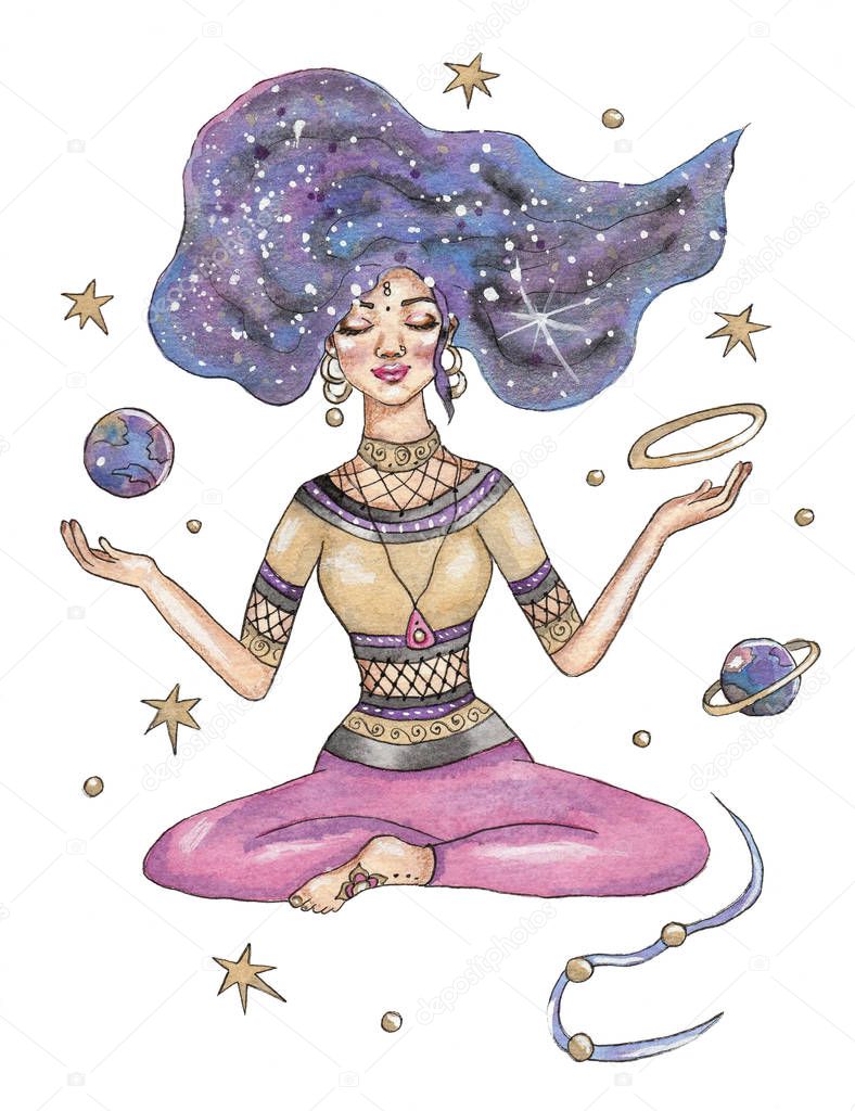 Hand drawn watercolor illustration with woman in meditation surrounded by stars