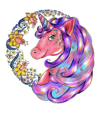 Çiçekler ile sevimli Unicorn portre, el çizilmiş illüstrasyon