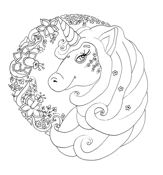 Unicorn Portrait Black White Outline Coloring Book Page — Stock Photo, Image