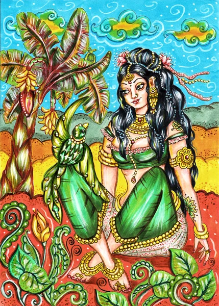 Peinture Traditionnelle Indienne Femme Dans Nature Kerala Style Mural Avec — Photo