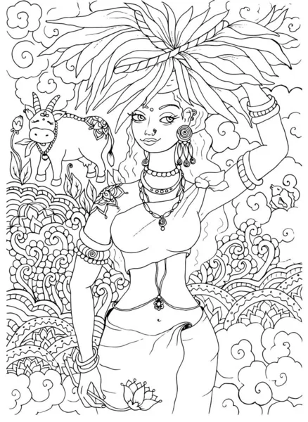 Kerala beautiful young tribal woman with cow in nature, village life adults coloring book page, black outline on white background — Stock Photo, Image