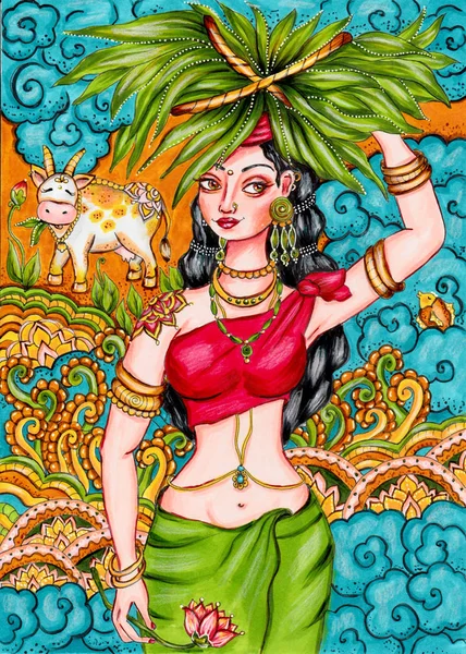 Indian Traditional Painting Woman Nature Cow Kerala Mural Style Beautiful — Stock Photo, Image