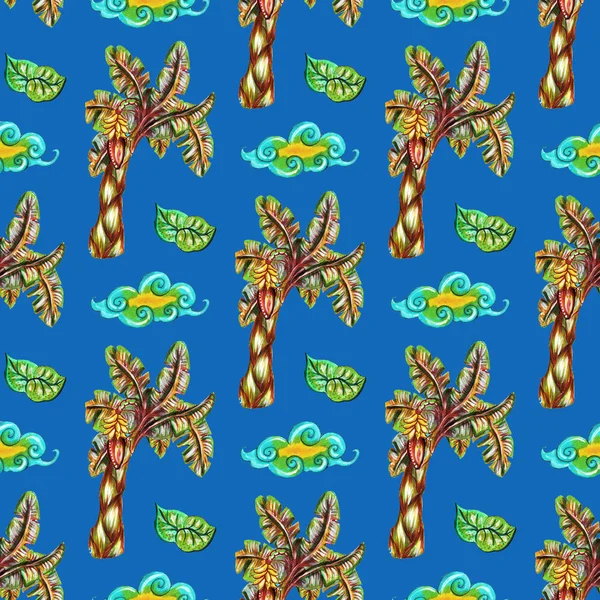 Tropical Banana Flower Seamless Pattern Blue Background — 스톡 사진