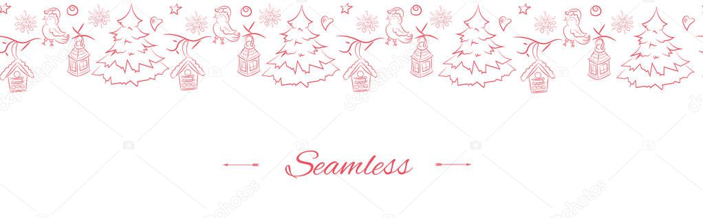 Christmas, New Year, Winter holidays decorative seamless border, red outline on white background, isolated, vector