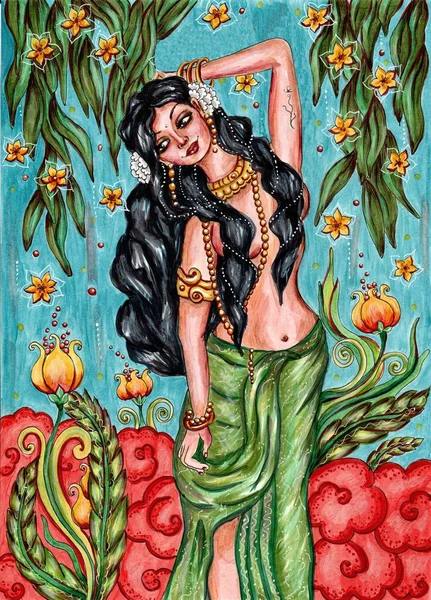Kadın doğada, Kerala duvar tarzı güzel süs arka plan ile Hint geleneksel resim