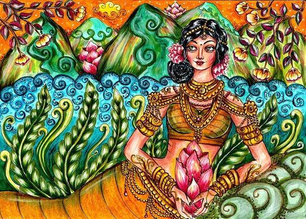 Indian Traditional Painting Woman Nature Kerala Mural Style Beautiful Ornamental — Stock Photo, Image