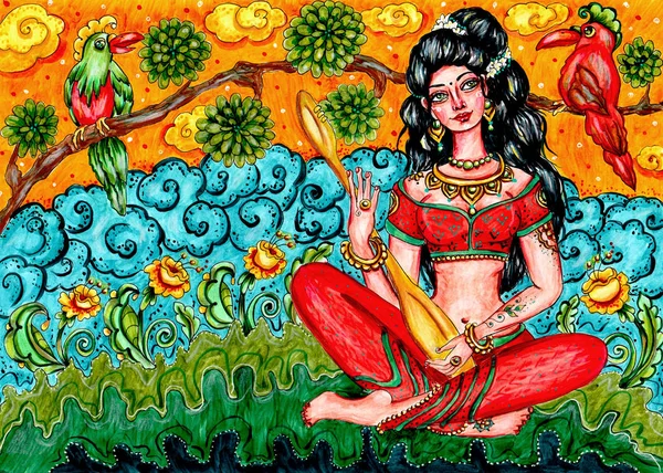 Indian Traditional Painting Woman Nature Kerala Mural Style Beautiful Ornamental — Stock Photo, Image