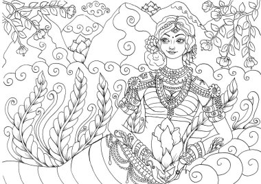 Kerala duvar resmi stil güzel kadın Tanrıça yetişkin, siyah ve beyaz anahat için kitap sayfa boyama