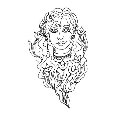  Çiçek açan güzel peri portresi, yetişkinler için boyama kitabı sayfası, özet çizilmiş, beyaz arka planda izole edilmiş.