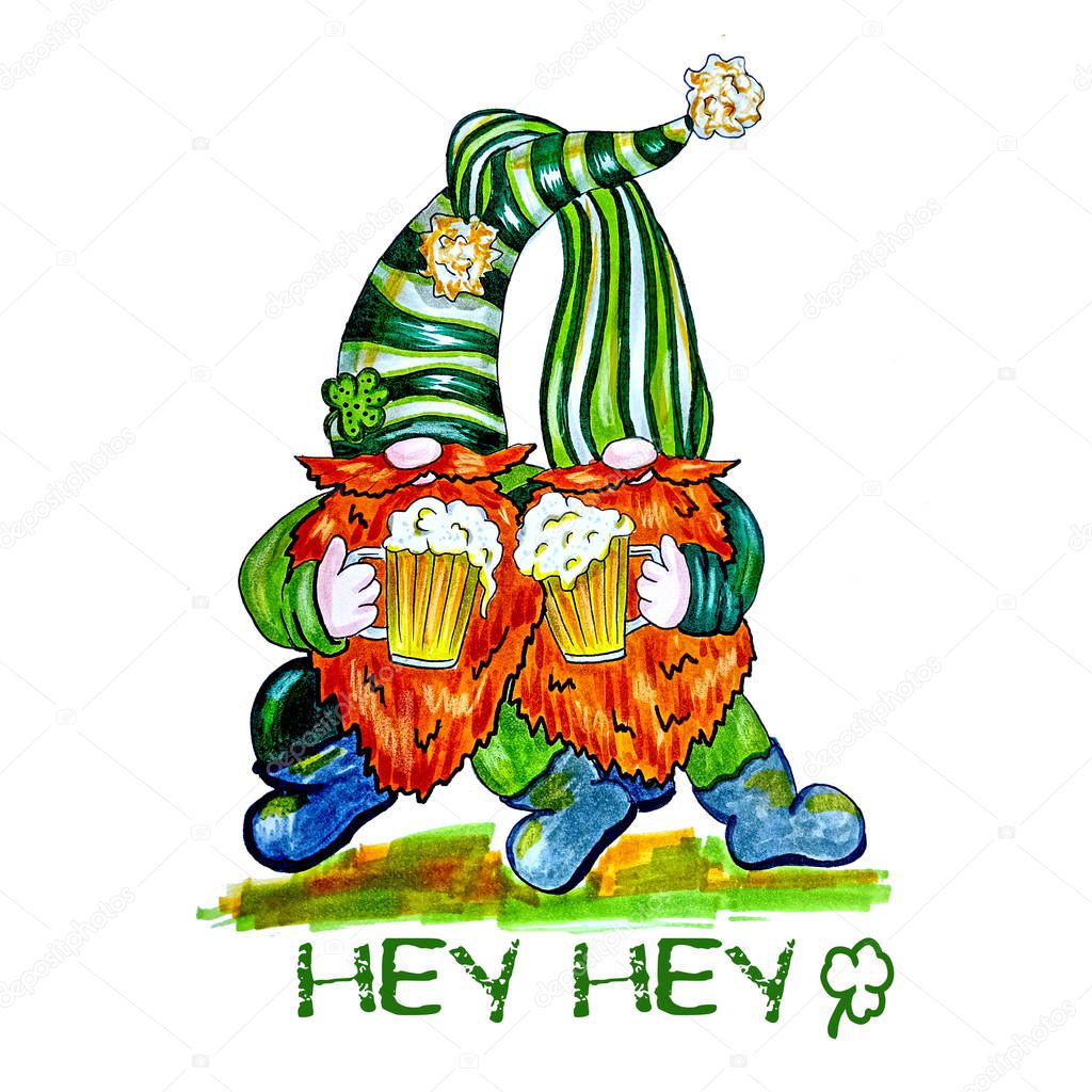 St Patrick's day greeting card with two funny dancing gnomes, leprechauns holding the beer leprechauns