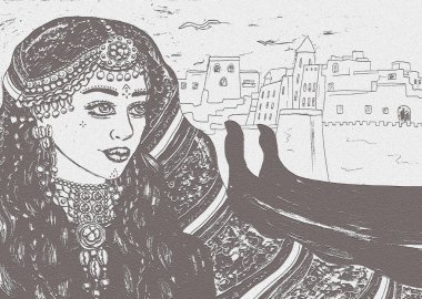 Arka planda şehir manzarası olan berber tarzı elbise giymiş Faslı kadın portresi.