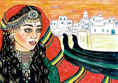 Gün batımında berber tarzı Faslı kadın portresi. Arka planda şehir manzarası, el yapımı resim.