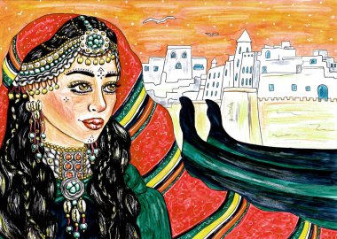 Moroccan woman berber style portrait in sunset with the cityscape on the background, hand made painting clipart
