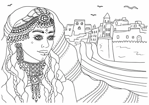 Moroccan woman portrait adult coloring book page in berber style dress with the cityscape on the background