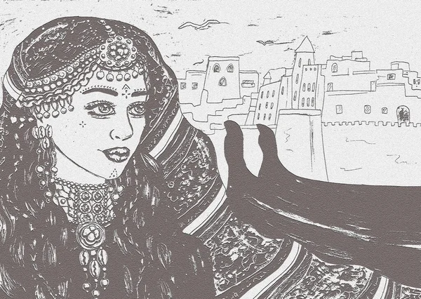 Marroquino Mulher Retrato Pintura Berbere Estilo Vestido Com Cityscape Fundo — Fotografia de Stock