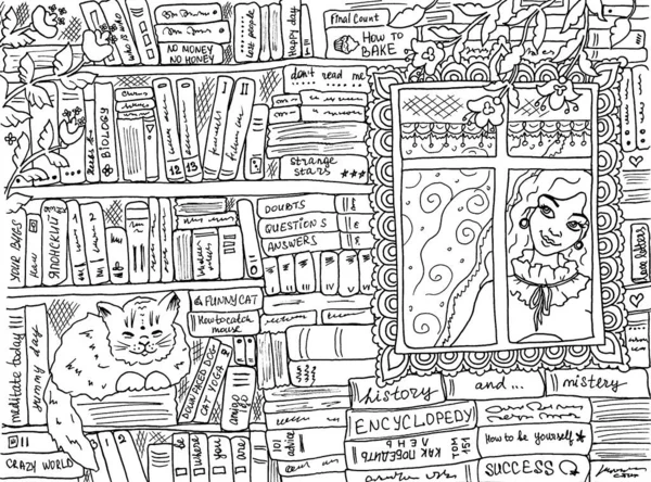 Pencerenin yanında oturan kızın olduğu kütüphane evi yetişkin boyama kitabı sayfası