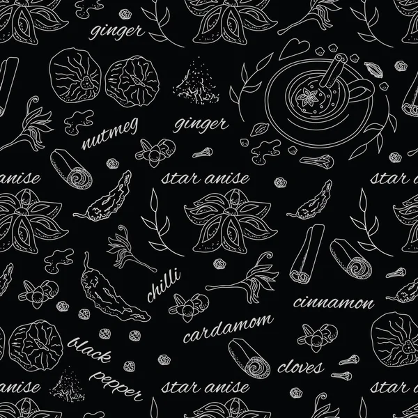 Chalkboard Spices Seamless Pattern Black Background — Stock Photo, Image