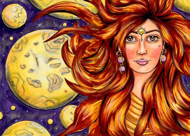 Sarı gezegenli kadın portresi, el çizimi.