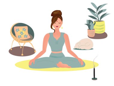 Evde yoga yapan genç bir kadın, vektör çizimi.