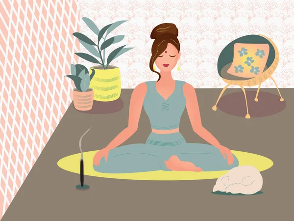 Evde yoga yapan genç bir kadın, vektör çizimi.