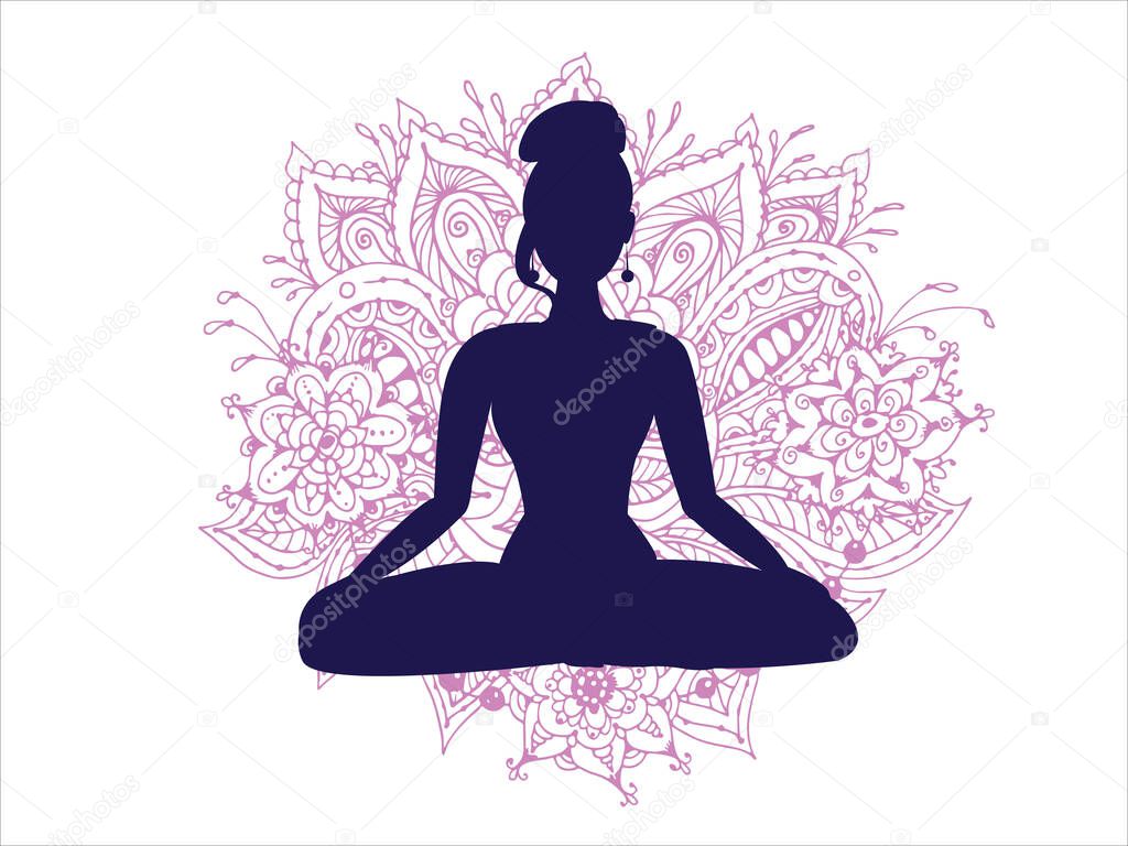 Woman yoga silhouette in lotus position with ornamental background, vector