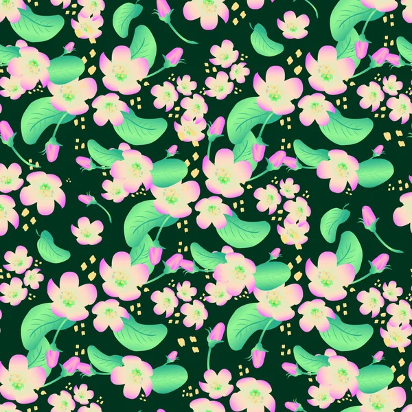 Blooming Apple Spring Floral Seamless Pattern Dark Background Vector — Stock Vector