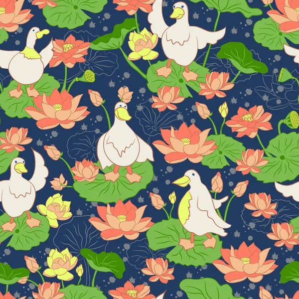 池のシームレスなパターン ベクトルのガチョウの鳥やハスの花 — ストックベクタ