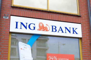 Gdansk, Polonya - 12 Aralık 2017: Logo ve ING Bank ING bank Bürosu'nda Gdansk iz.