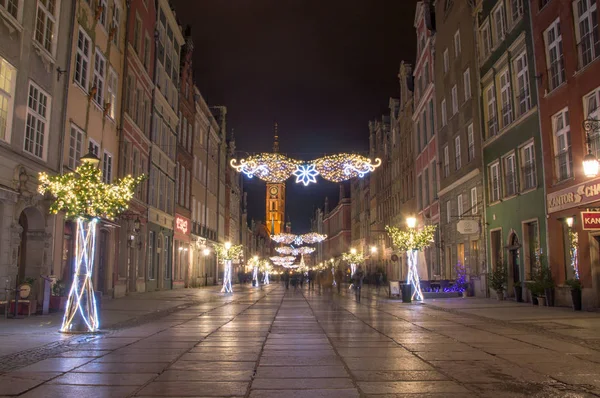 Dlouhý Pruh Starém Městě Gdaňsku Vánoční Dekorace Noci — Stock fotografie