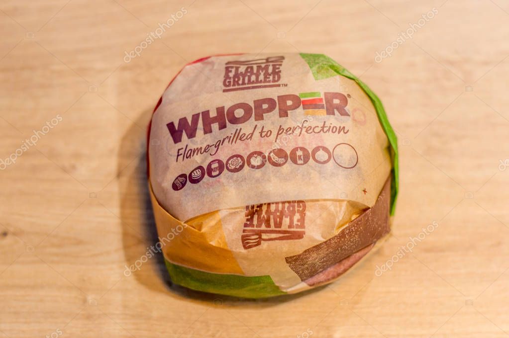 Gdansk, Poland - January 11, 2018: Whopper sandwich in paper from Burger King.