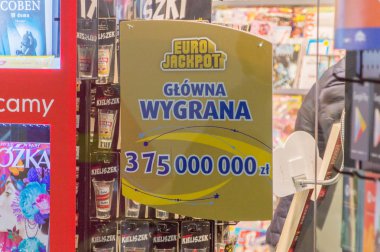 Gdansk, Polonya - 30 Ocak 2018: yaklaşık 375 milyon zlotisi (yaklaşık 90 milyon Euro) Ödülü ileri çizmek Eurojackpot piyango bilgi.